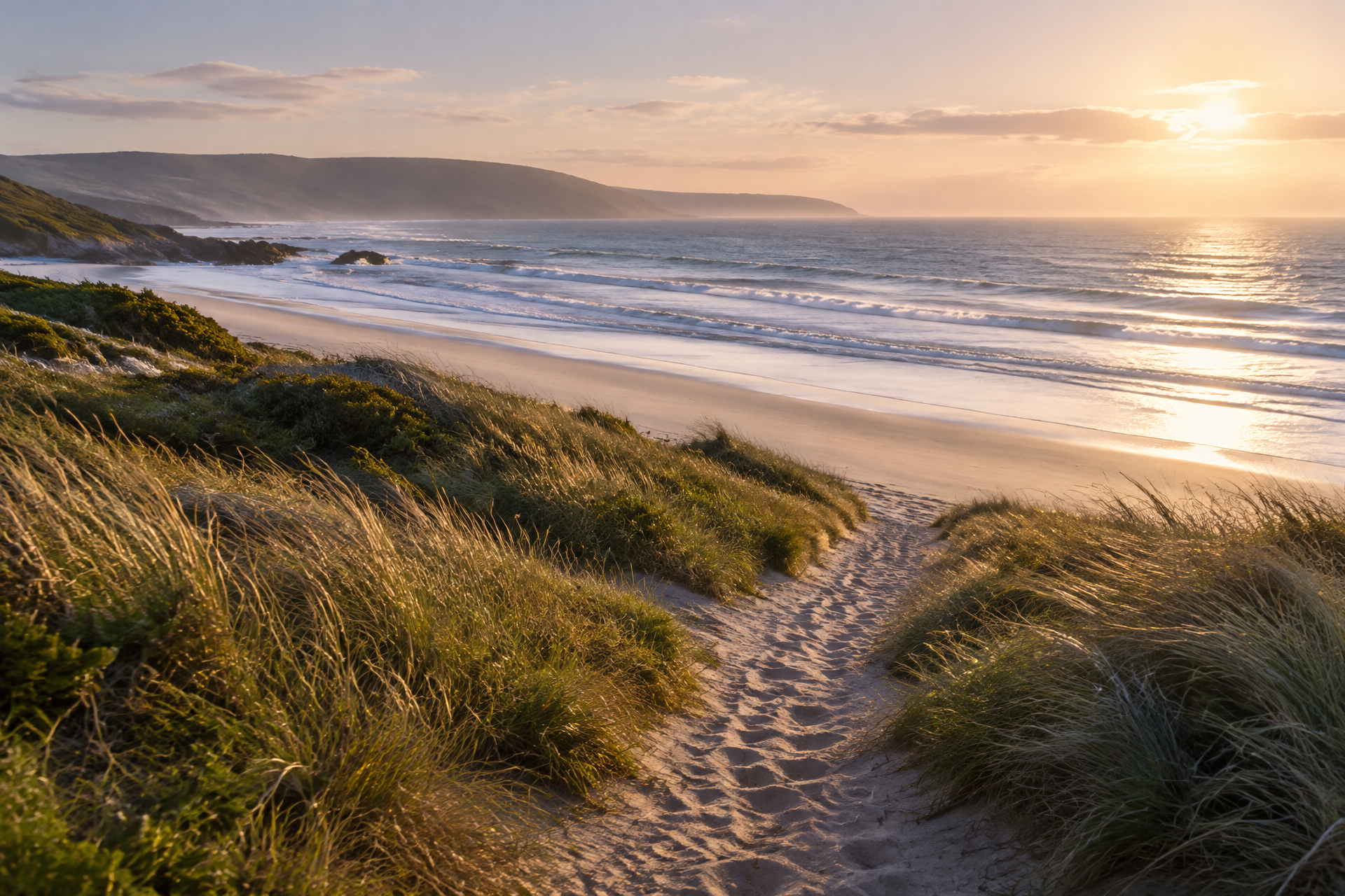 Sandy path through dune grass to the ocean