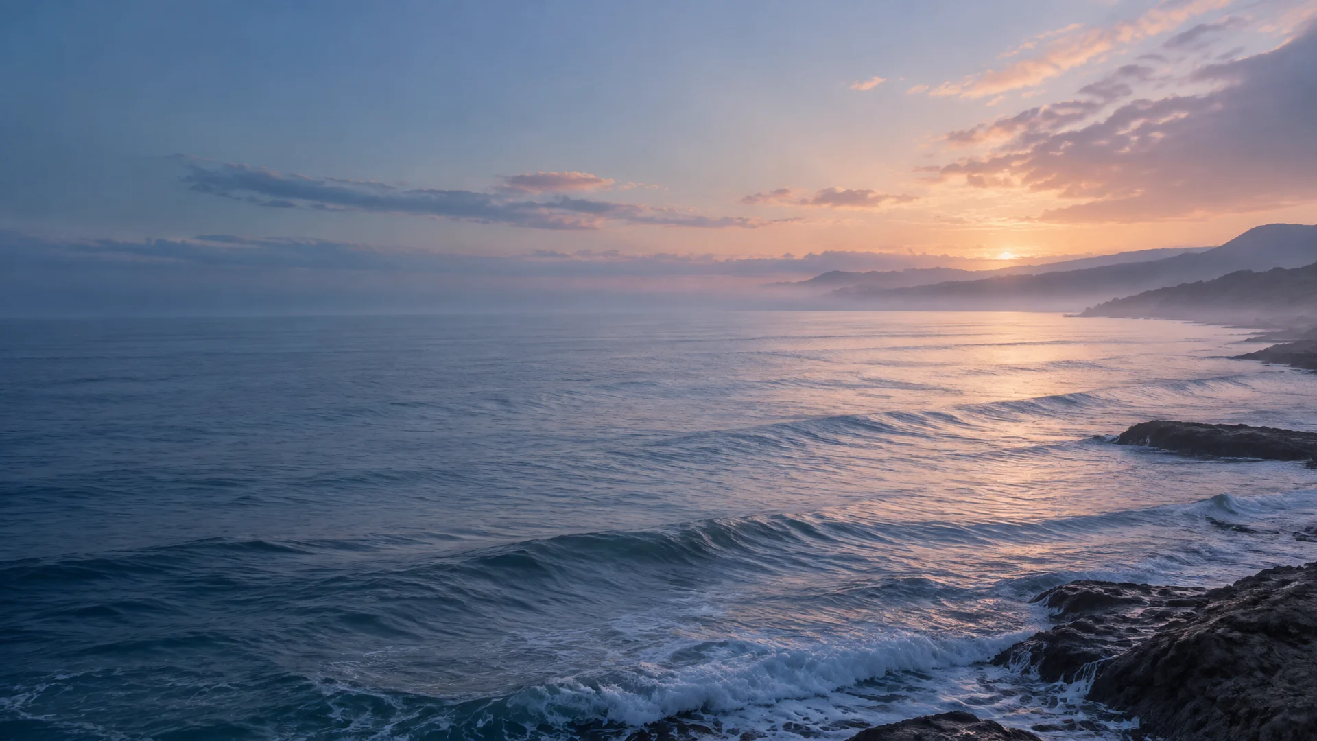 Ocean horizon at blue hour with a soft blush sky